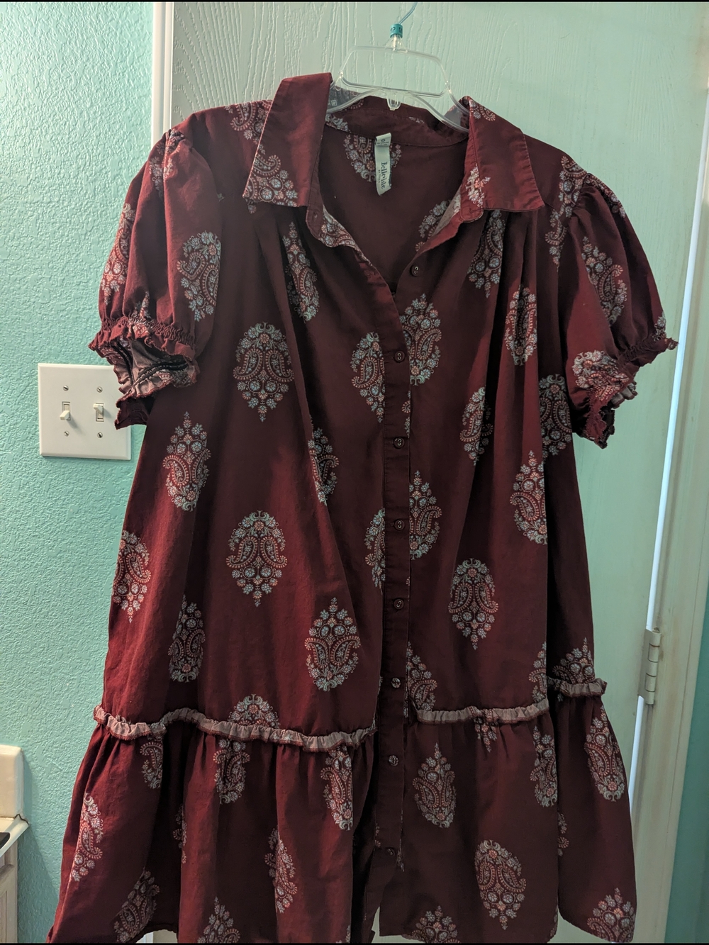 Button-Front Burgundy Paisley Cotton Dress